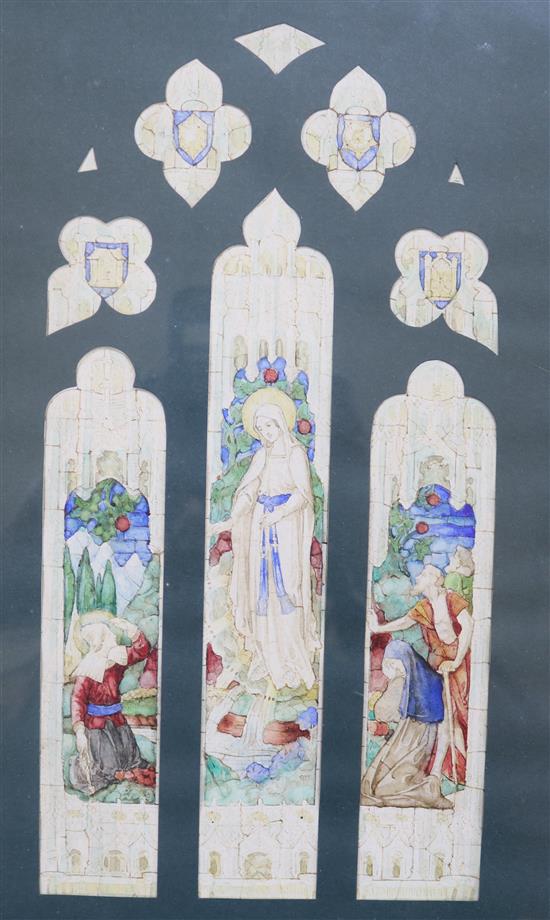 Five assorted stained glass window designs, largest 39 x 25cm